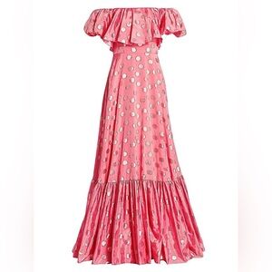 Monique Lhuillier Metallic Dot Ruffle Gown Soft Pink Gold NWT Size 6